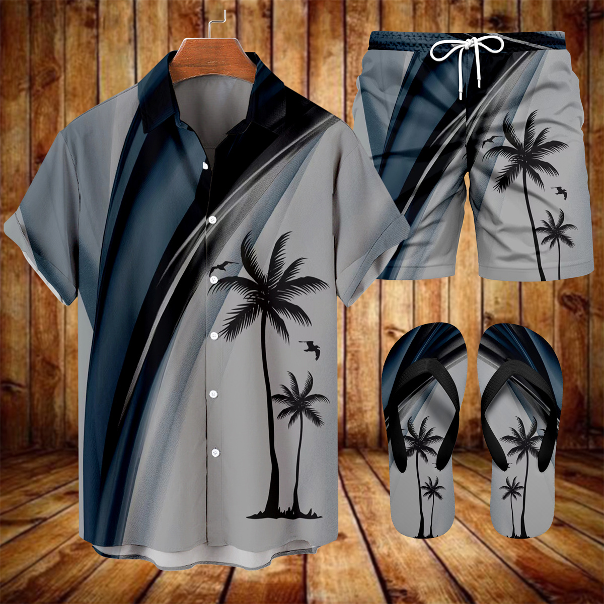 Suitmens Men's Tiki Party Hawaiian Vacation Print Three-Piece Set 019