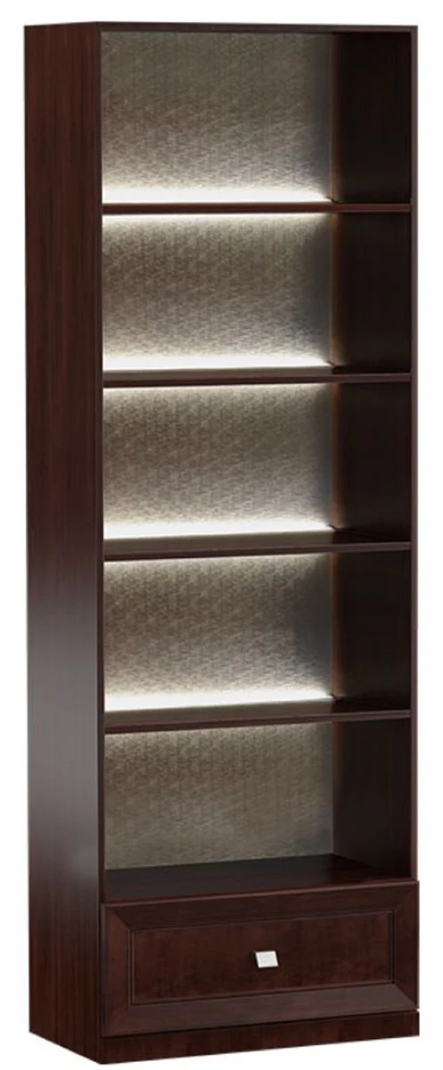 Casa Padrino Armario de Estantería de Lujo Marrón Oscuro / Plata 70,4 x 44,2 x H. 225,6 cm - Mueble de Oficina Iluminado con Cajón