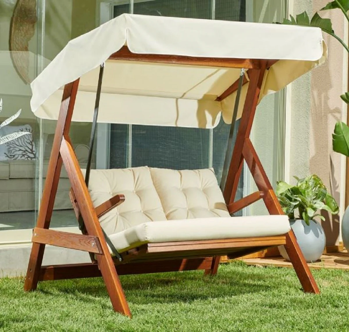 Casa Padrino columpio de Hollywood de lujo crema / marr¨®n - Columpio de jard¨ªn moderno resistente a la intemperie con toldo para el sol - Muebles de Terraza - Muebles de Jard¨ªn