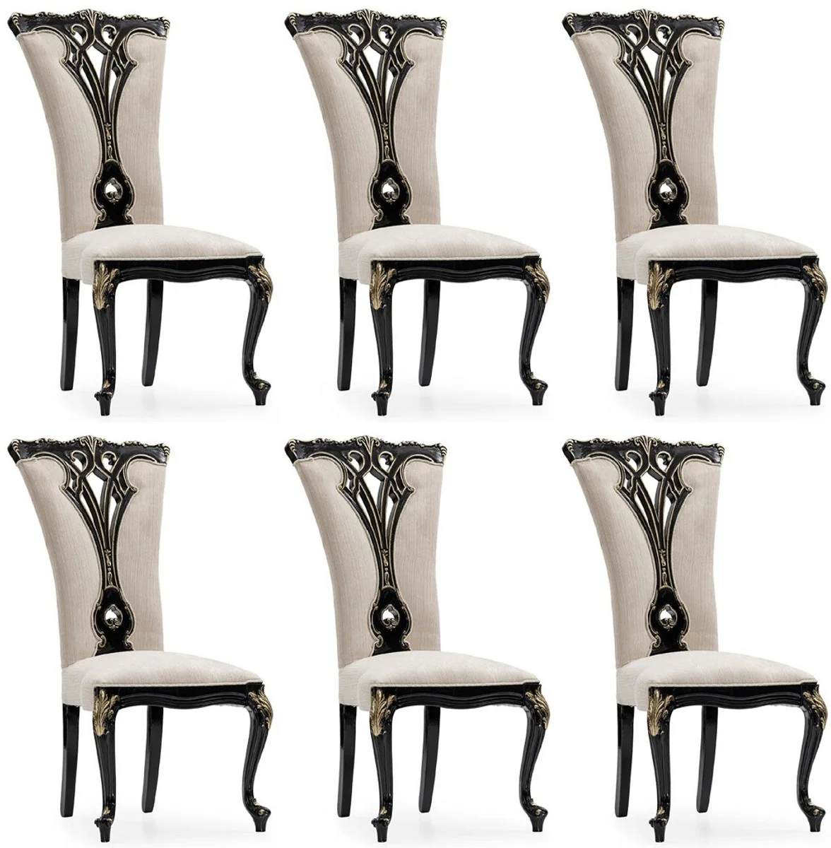 Casa Padrino conjunto de 6 sillas de comedor barrocos de lujo crema / negro / oro - Sillas de cocina de estilo barroco magn¨ªficos - Muebles de comedor barrocos - Muebles barroco