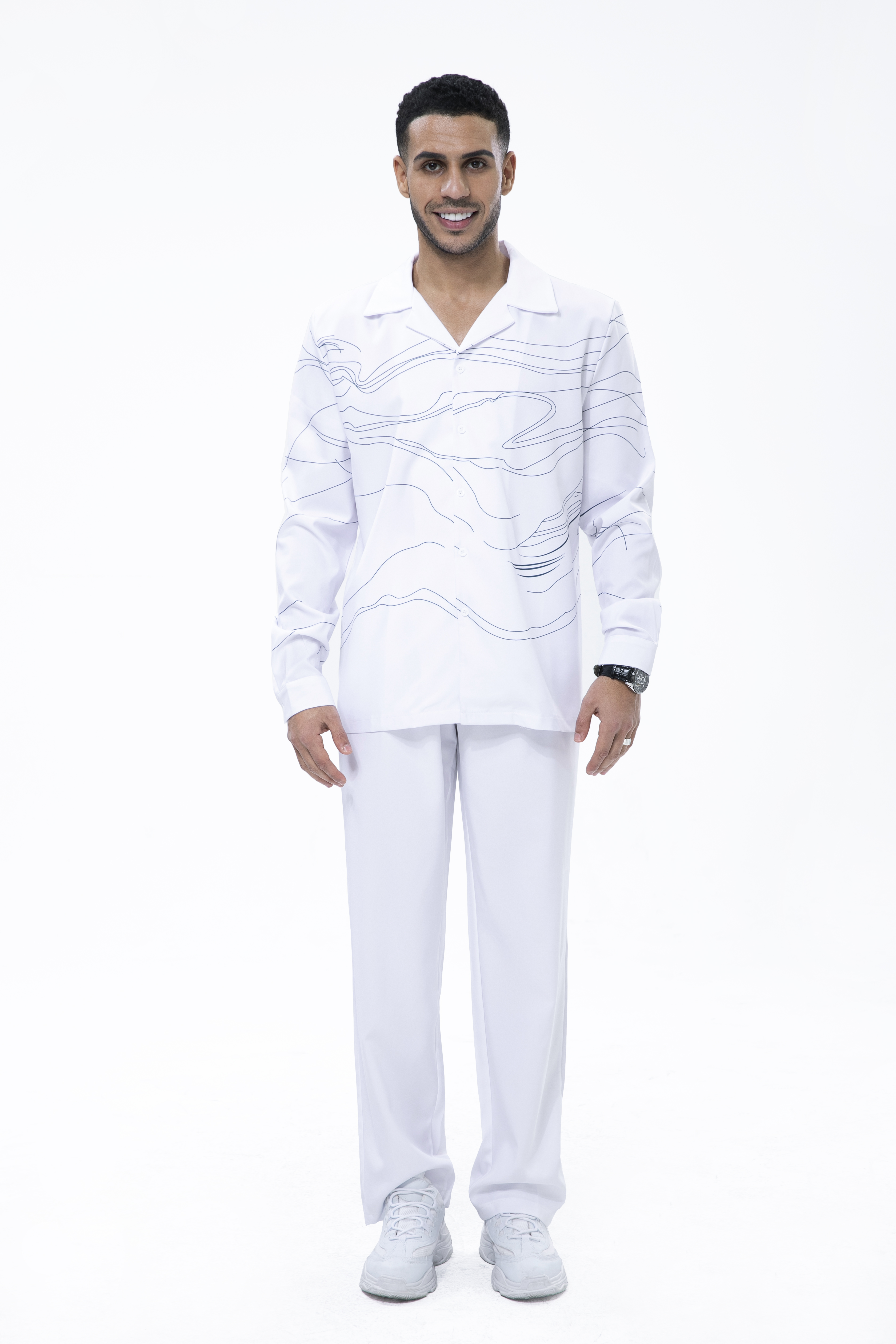 Suitmens White Art Two-Piece Long Sleeve Print Walking Pants