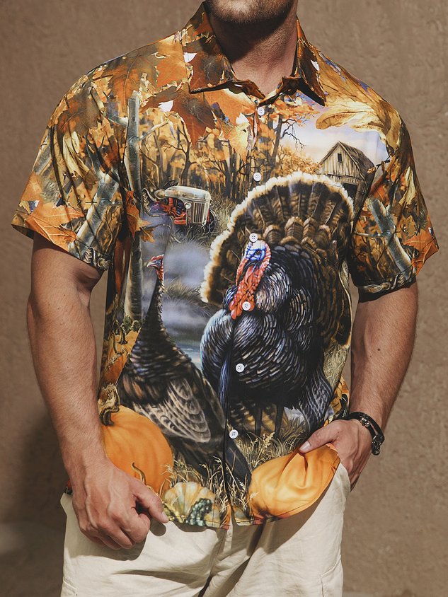 Men's Thanksgiving Turkey Print Casual Short Sleeve Hawaiian Shirt with Breast Pocket