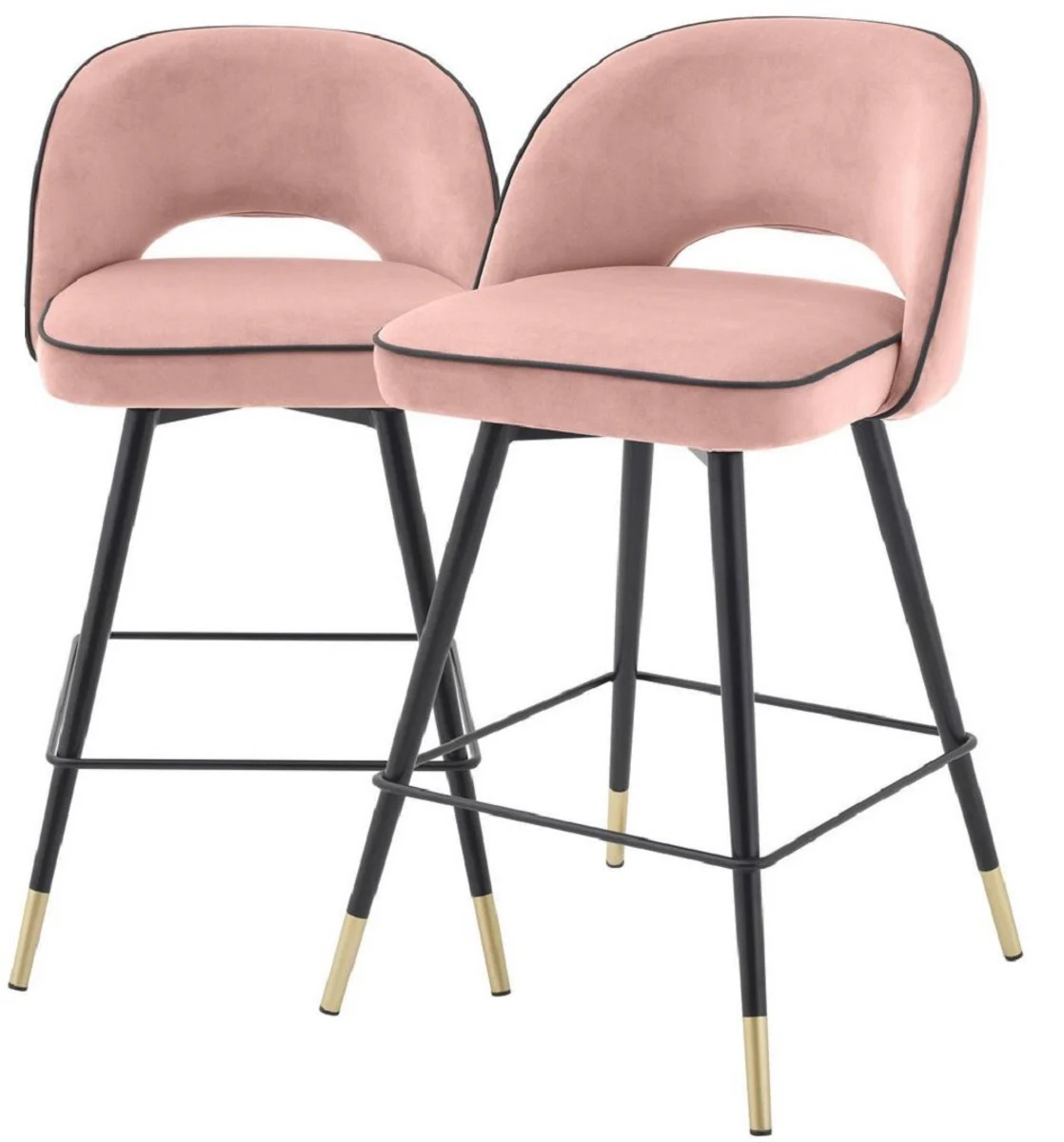 Casa Padrino conjunto de sillas de bar de lujo rosa / negro / lat¨®n 51 x 52 x A. 92,5 cm - Taburetes de bar con asiento giratorio y tela de terciopelo noble - Muebles de Bar de Lujo