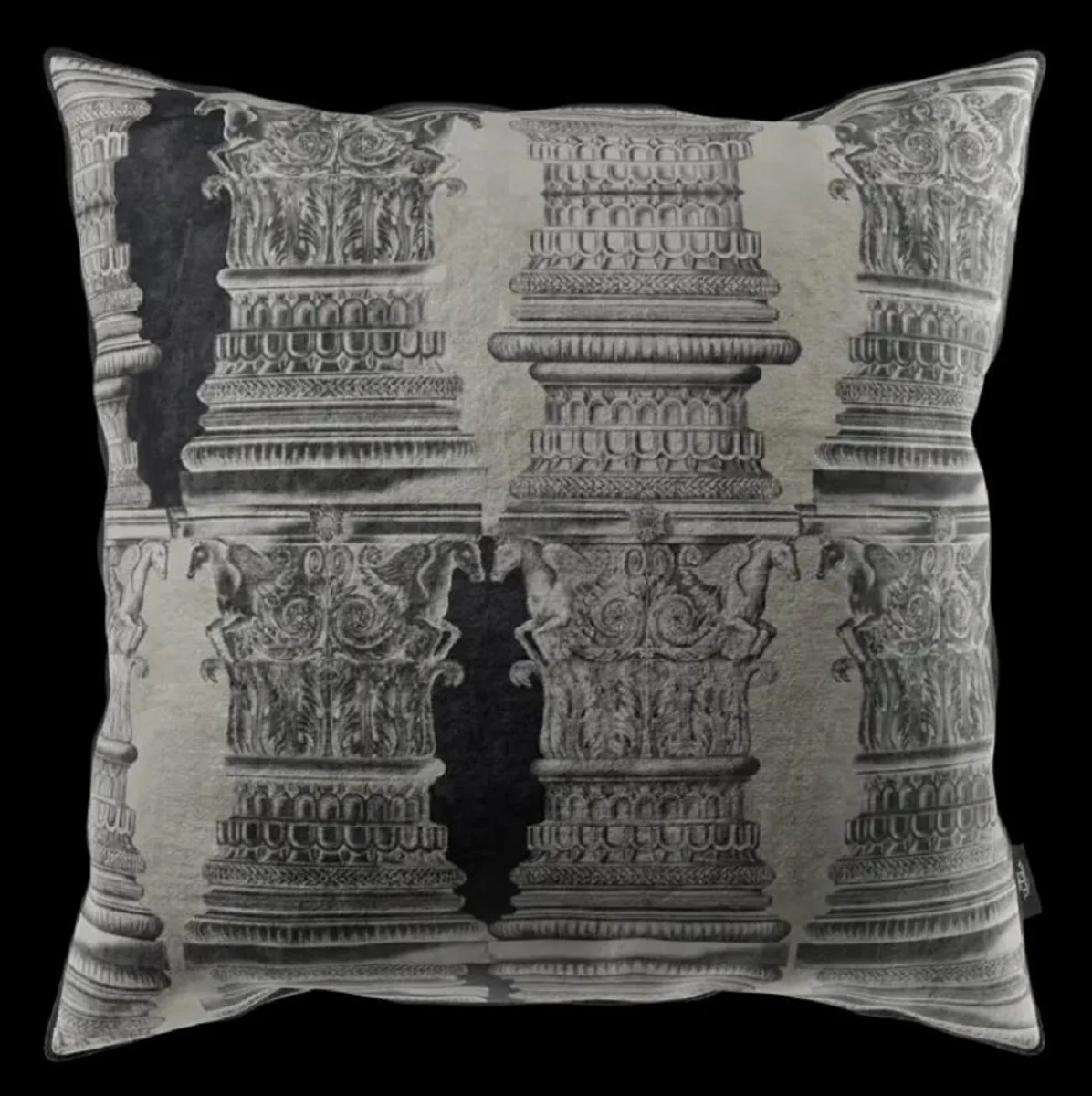 Casa Padrino cojín decorativa barroco de lujo pilares gris / negro 43 x 43 cm - Almohada de terciopelo estampada - Accesorios decorativos barrocos
