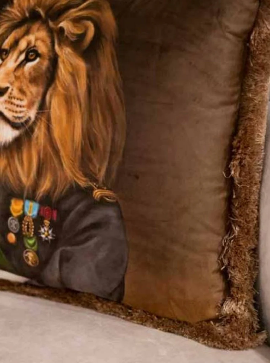 Casa Padrino almohada decorativa de lujo oficial león marrón / multicolor 45 x 45 cm - Almohada de terciopelo estampada con flecos - Colección de Lujo