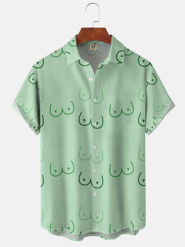 Geometric Line Drawing Chest Pocket Short Sleeve Casual Shirt