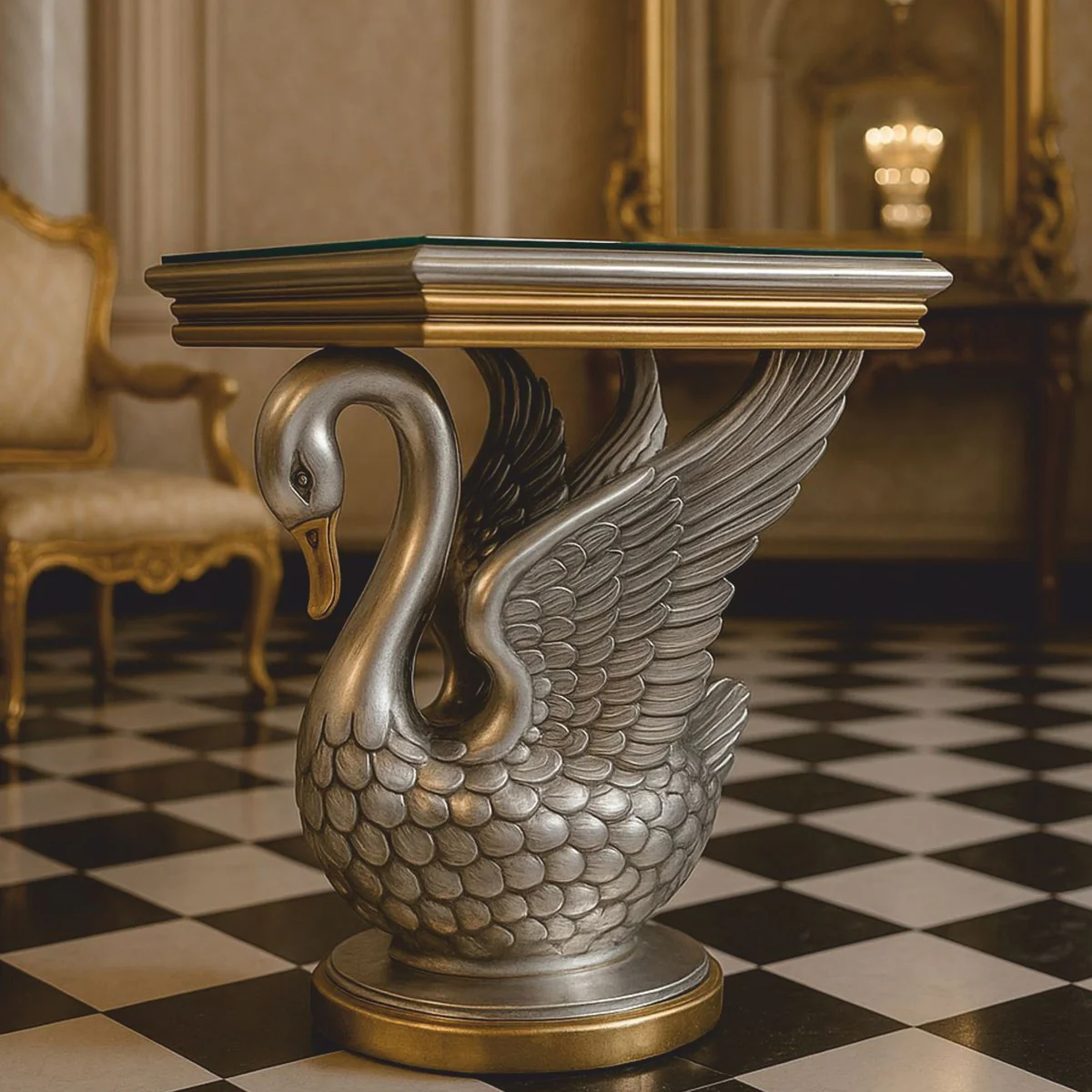 Casa Padrino mesa auxiliar barroco cisne con tapa de vidrio plata / oro A. 78 cm - Interior barroco