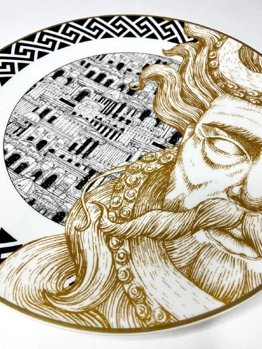 Casa Padrino plato de porcelana de lujo Dios (lado derecho) blanco / negro / oro ? 29 cm - Plato llano de porcelana pintado a mano - Calidad de lujo - Hecho en Italia