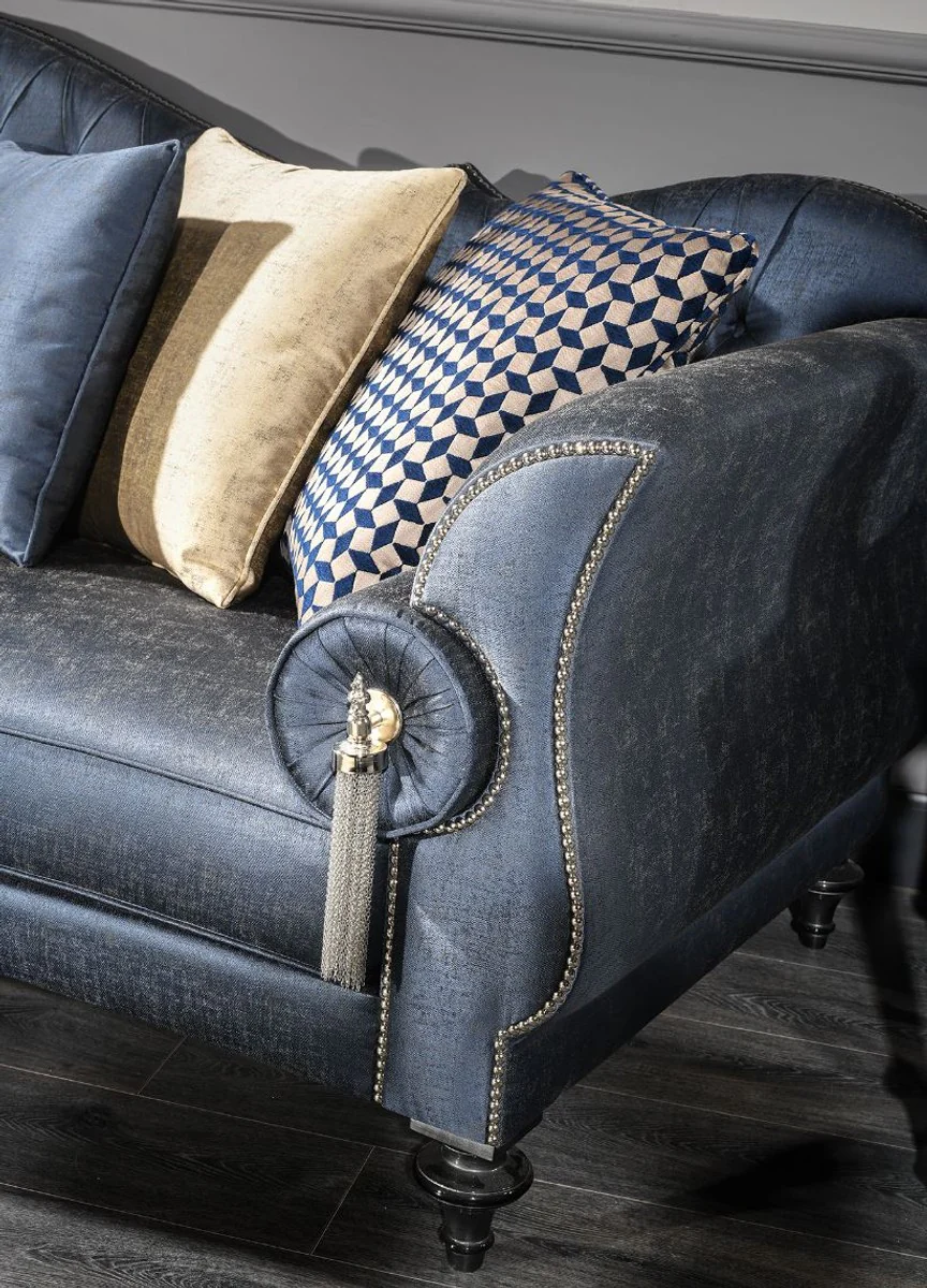 Casa Padrino sof¨¢ de sal¨®n barroco de lujo azul / plata / negro 300 x 94 x A. 88 cm - Noble y Magn¨ªfico