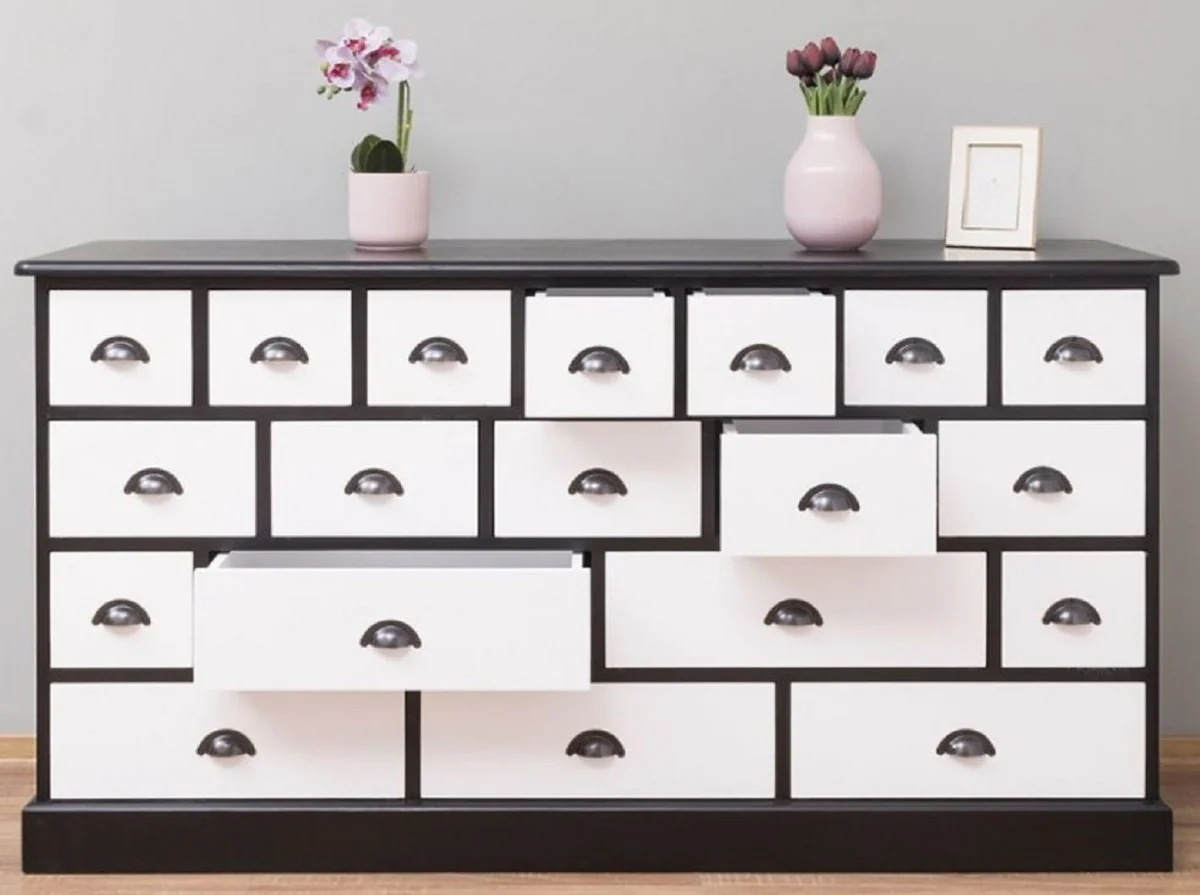Casa Padrino cómoda de estilo campestre negro / blanco 180 x 48 x A. 95 cm - Armario de madera maciza con 19 cajones - Muebles de estilo campestre - Estilo campestre muebles