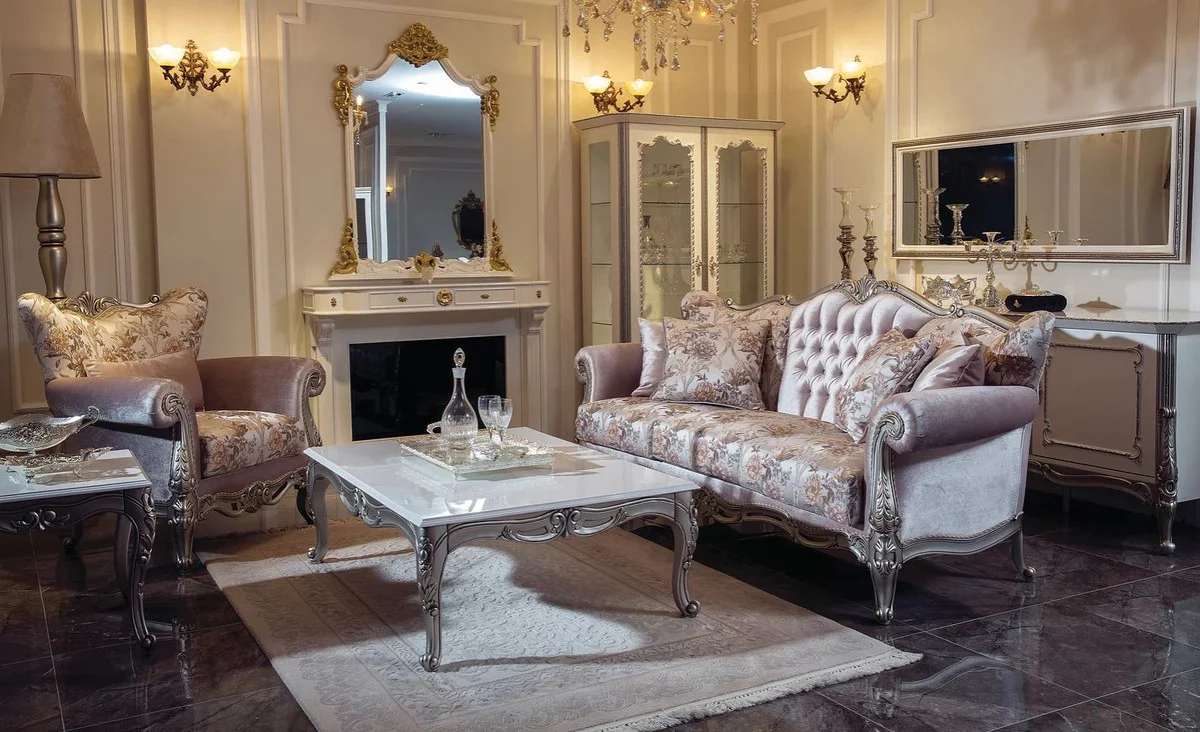 Casa Padrino mesa de centro barroco de lujo blanco / plata 129 x 93 x A. 44 cm - Mesa de sal¨®n rectangular de madera maciza de estilo barroco - Muebles de sal¨®n barrocos