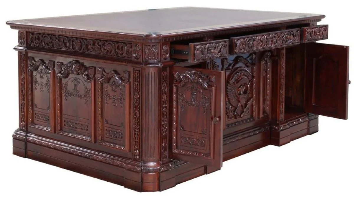 Casa Padrino Escritorio de Caoba Barroco de Lujo Marr¨®n Oscuro / Marr¨®n 185 x 125 x A. 83 cm - Magn¨ªfica Mesa de Oficina de Madera Maciza Barroco - Muebles de Oficina de Caoba Oficina Barrocos