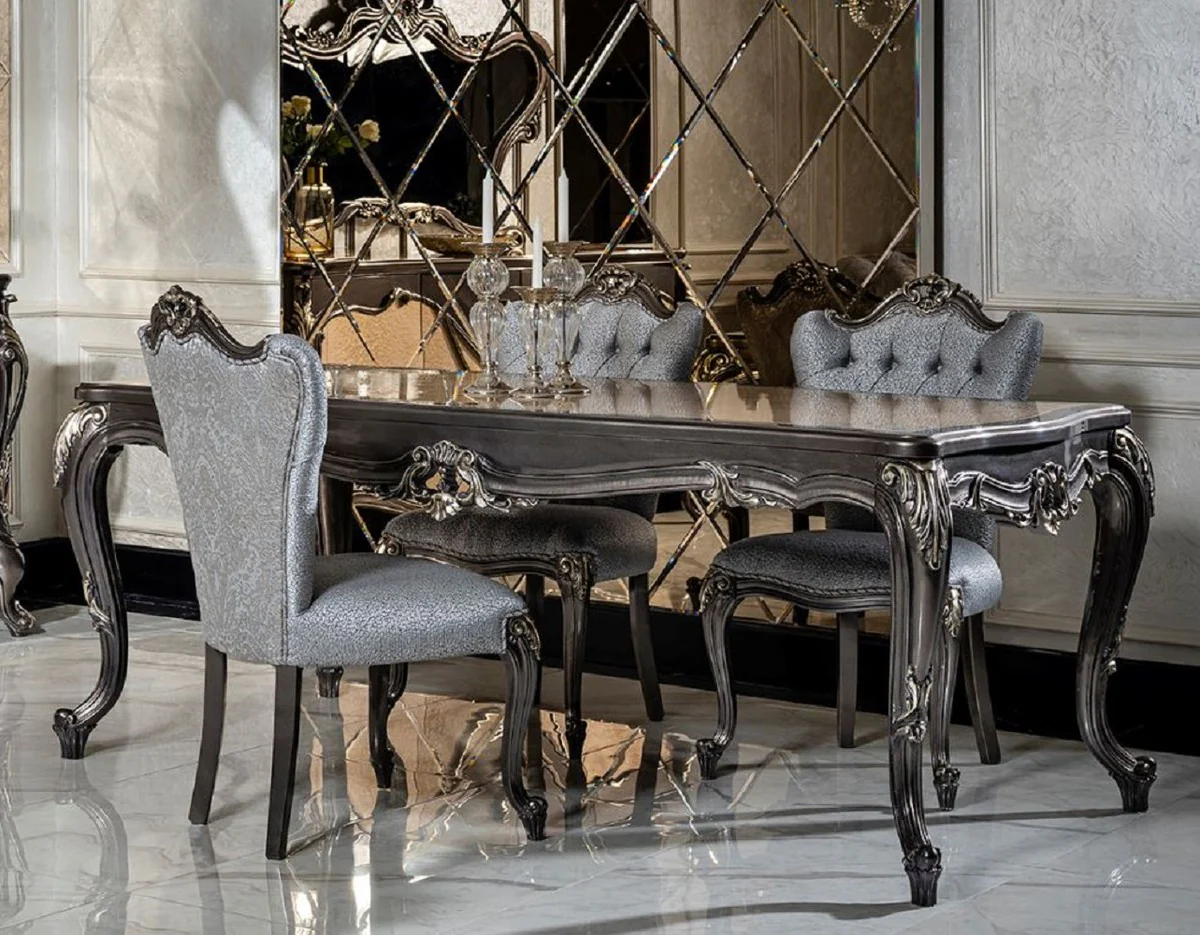 Casa Padrino conjunto de comedor barroco de lujo azul claro / gris oscuro - 1 Mesa de Comedor y 6 Sillas de Comedor - Muebles de comedor de estilo barroco nobles