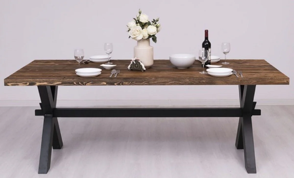 Casa Padrino mesa de comedor de estilo campestre marr¨®n oscuro / negro 210 x 90 x A. 78 cm - Mesa de cocina de madera maciza - Muebles de comedor de estilo campestre