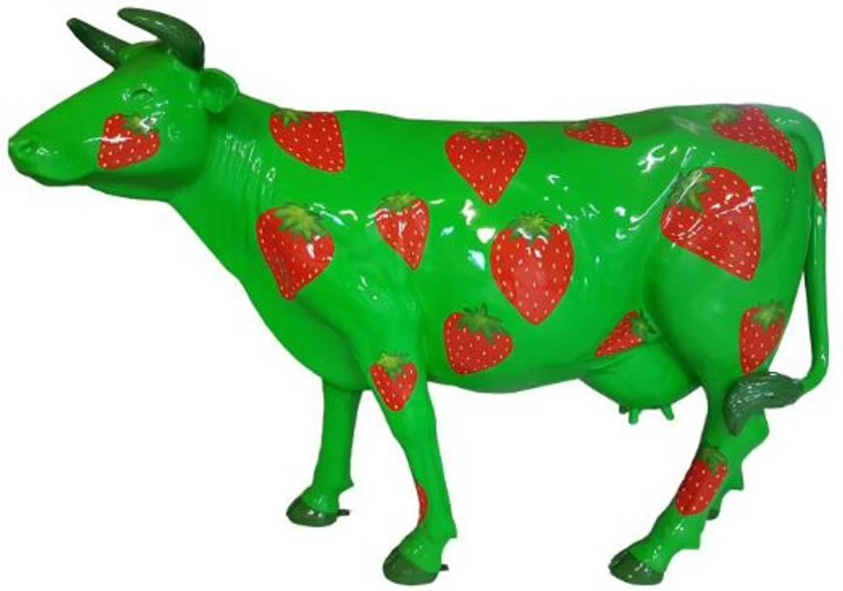 Casa Padrino escultura de jardín de diseño vaca con diseño de fresa verde / rojo 210 x 55 x A. 147 cm - Figura decorativa enorme resistente a la intemperie - Figura animal de tamaño natural