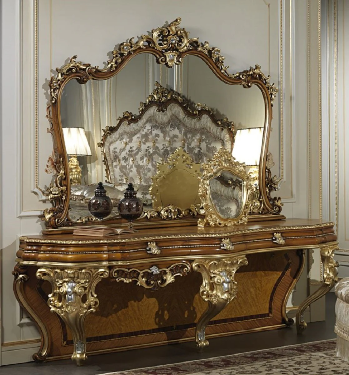 Casa Padrino consola barroco de lujo con espejo marr¨®n / oro / plata - Magn¨ªfica tocador hecho a mano con espejo de pared - Mobiliario de Hotel - Mobiliario de Castillo