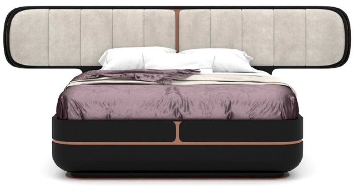 Casa Padrino Cama Doble de Lujo Gris / Negro / Cobre 330 x 215 x A. 120 cm - Cama de Madera Maciza con Cabecero Tapizado - Muebles Dormitorio - Muebles Hotel - Muebles de Lujo