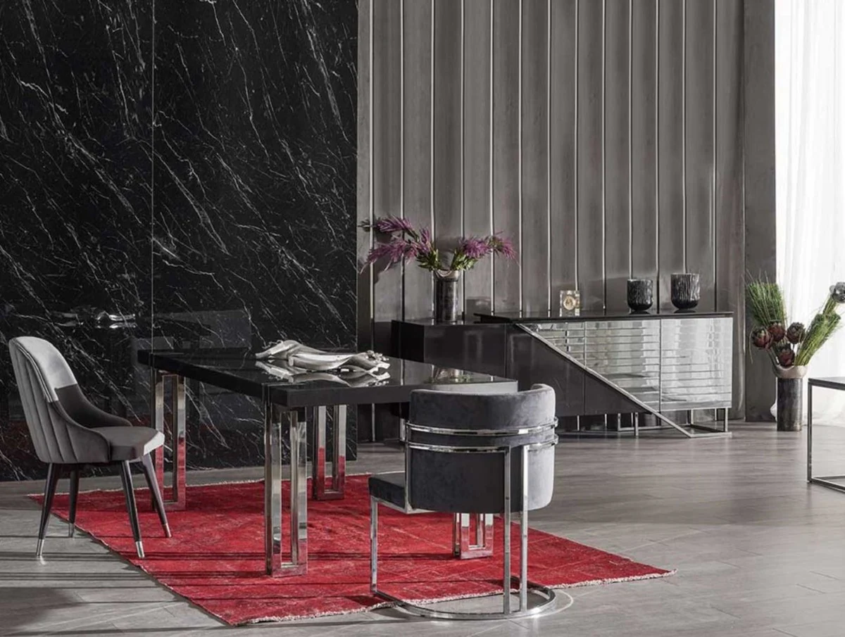 Casa Padrino mesa de comedor de lujo negro / plata 220 x 100 x A. 77 cm - Mesa de cocina rectangular con tapa de madera maciza y patas de metal - Muebles de comedor - Muebles de lujo