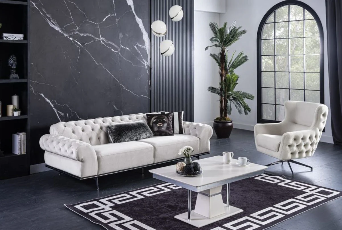 Casa Padrino mesa de centro Art Deco de lujo blanco / gris / plata 102 x 70 x A. 47 cm - Mesa de sal¨®n rectangular - Muebles de sala de lujo