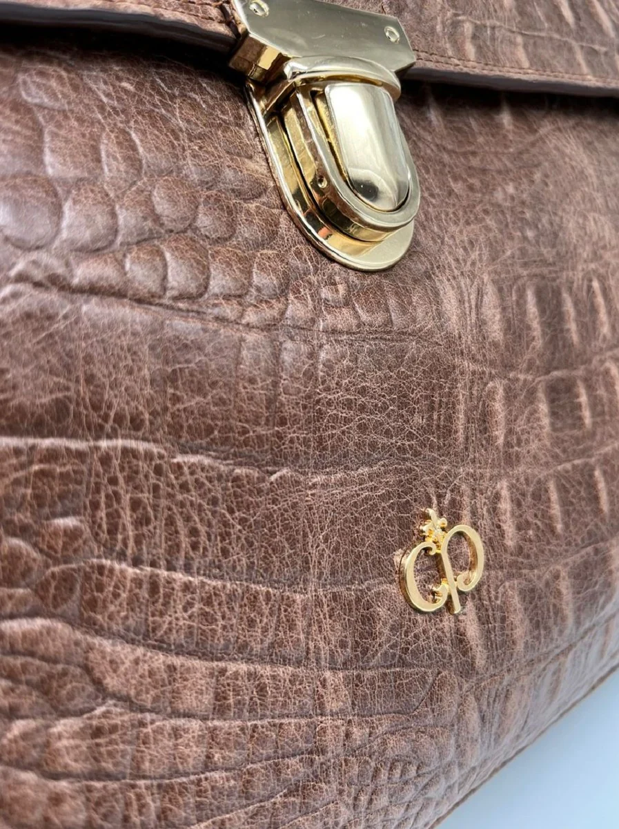 Casa Padrino malet¨ªn de lujo para hombre de cuero genuino con aspecto de cocodrilo marr¨®n / oro 42 cm - Hecho en Italia