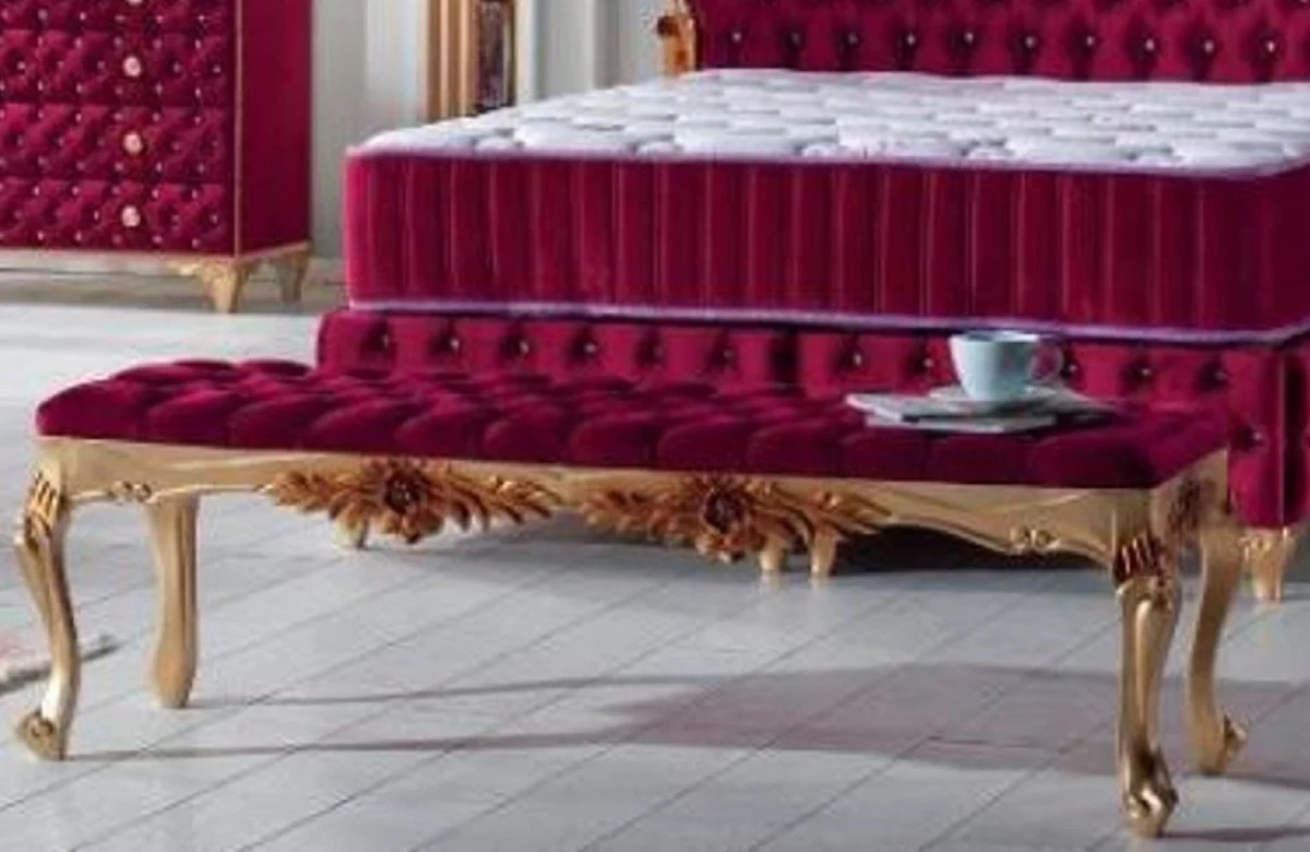 Casa Padrino banco barroco rojo burdeos / oro - Banco de madera maciza tapizado con terciopelo fino - Muebles barrocos hechos a mano - Noble y Magnífico