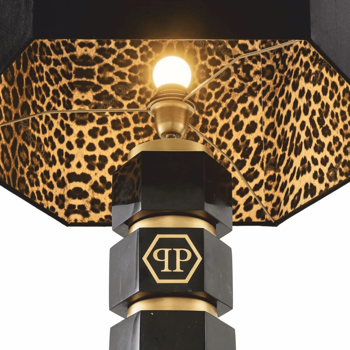 Philipp Plein l¨¢mpara de mesa de m¨¢rmol de lujo A. 76 cm negro / lat¨®n / leopardo - Calidad de lujo