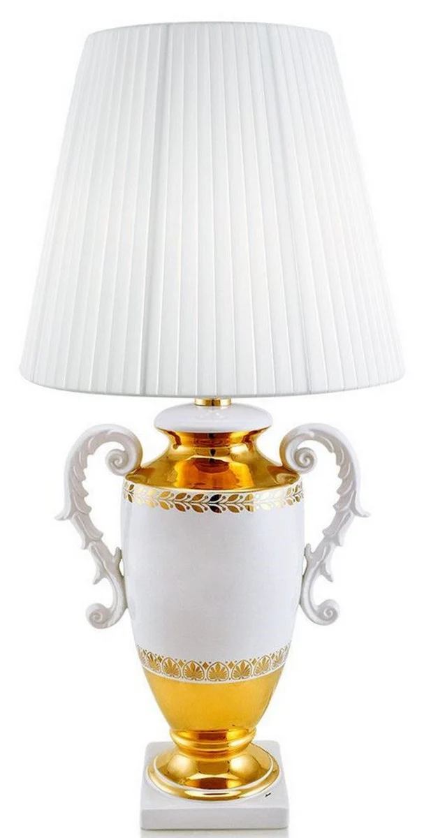 Casa Padrino lámpara de mesa baroque con 2 asas blanco / oro Ø 40 x H. 78 cm - Lámpara de Cerámica de Estilo Barroco - Calidad de Lujo