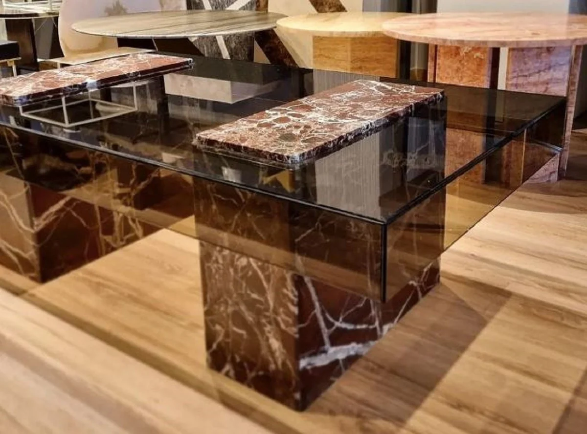 Casa Padrino mesa de centro de lujo rojo 130 x 70 x A. 41 cm - Mesa de sal¨®n rectangular de m¨¢rmol con tapa de vidrio - Muebles de sal¨®n - Muebles de lujo - Muebles de m¨¢rmol - Interior de lujo