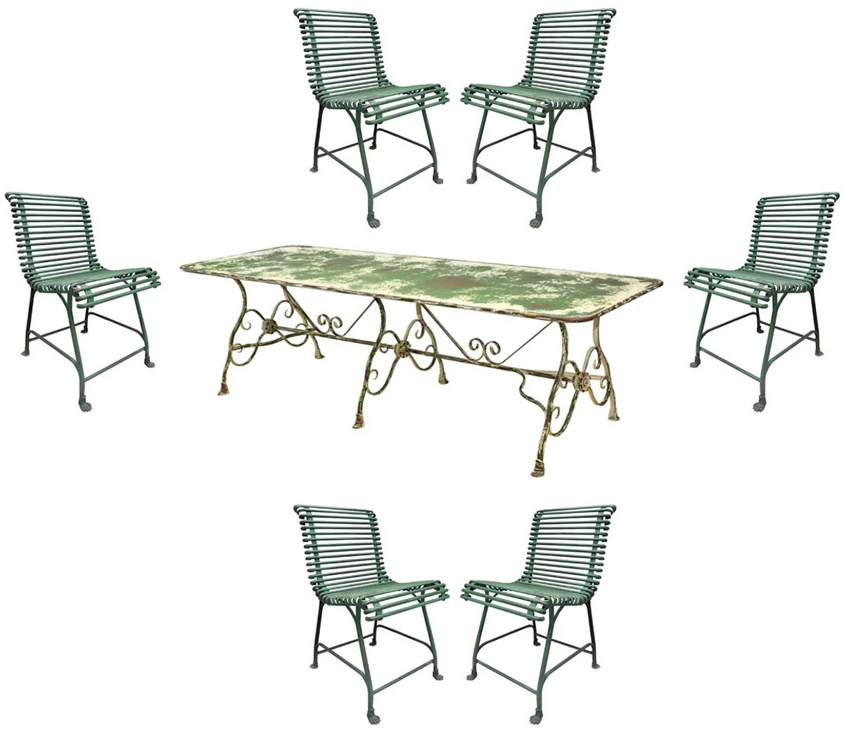 Casa Padrino Conjunto de Muebles de Jard¨ªn Art Nouveau de Hierro Forjado Verde Antiguo - 1 Mesa de Comedor de Jard¨ªn Art Nouveau y 6 Sillas de Jard¨ªn - Muebles de Jard¨ªn Barroco y Art Nouveau