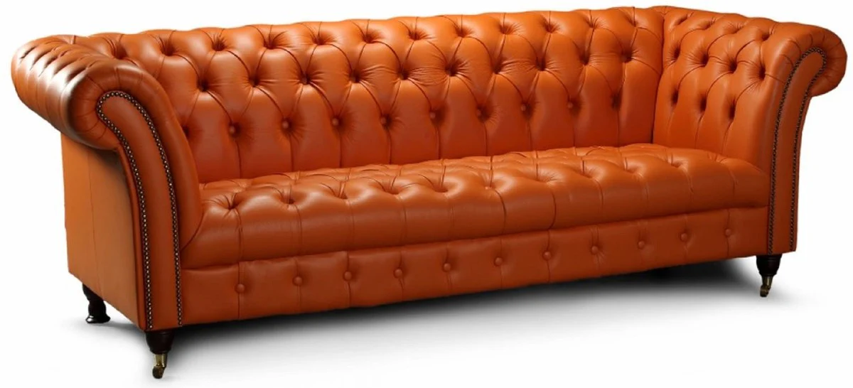 Casa Padrino sof¨¢ de 3 plazas de cuero Chesterfield de lujo marr¨®n claro 235 x 95 x A. 85 cm - Sof¨¢ de sal¨®n de cuero aut¨¦ntico - Muebles de Sal¨®n Chesterfield - Colecci¨®n de Lujo