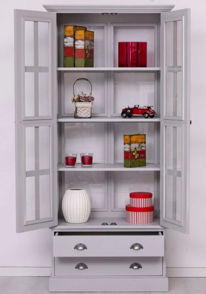 Casa Padrino vitrina de estilo campestre gris claro 91 x 47 x A. 200 cm - Vitrina de madera maciza con 2 puertas y 2 cajones - Muebles de estilo campestre - Muebles de comedor de madera maciza