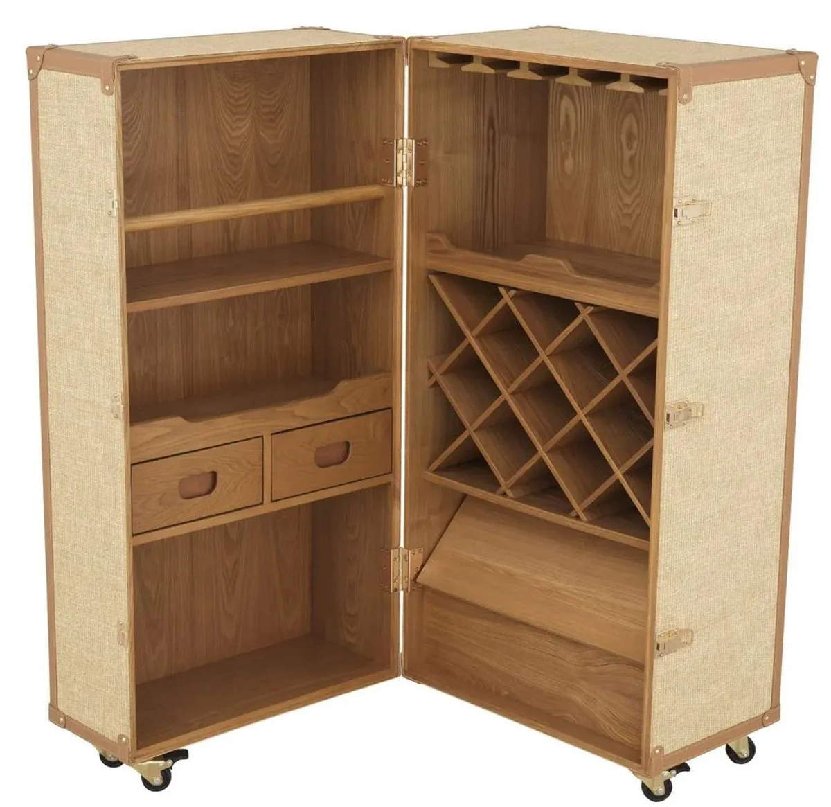 Casa Padrino armario de vino de lujo en dise?o de maleta natural / marr¨®n 59 x 59 x A. 122,5 cm - Armario maleta con ruedas - Muebles de bar - Muebles de lujo - Calidad de lujo