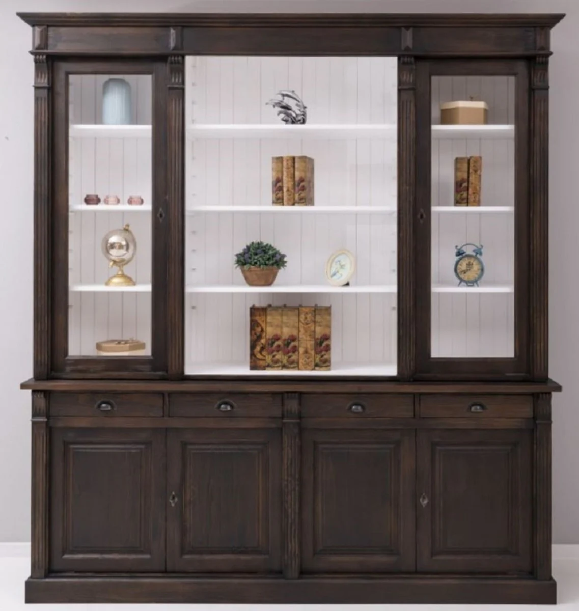 Casa Padrino armario de comedor estilo campestre marr¨®n oscuro / blanco 223 x 51 x A. 240 cm - Armario de madera maciza - Armario de cocina - Muebles de comedor estilo campestre