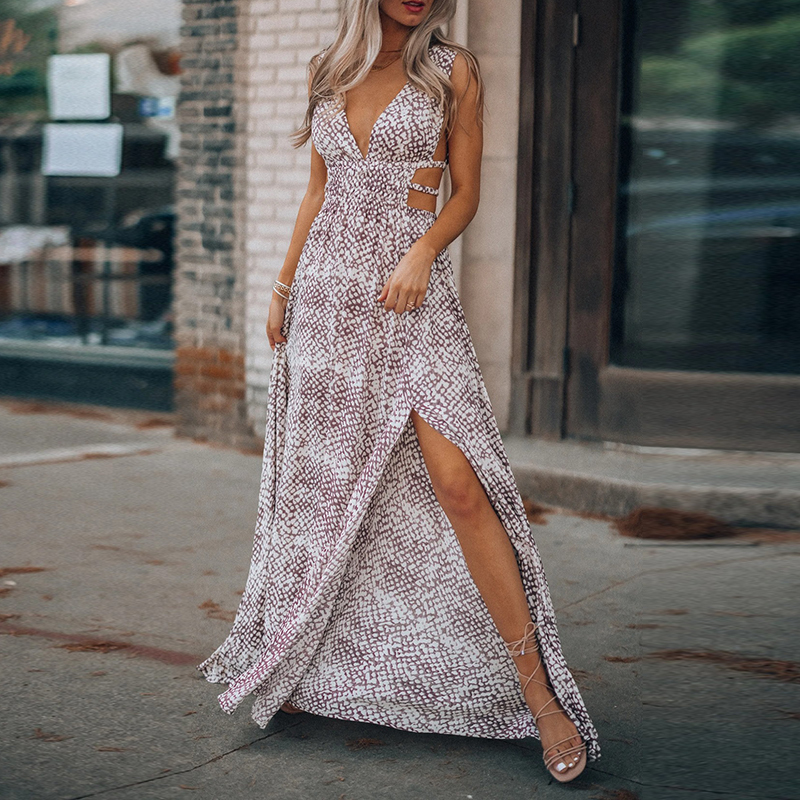 Fashion V-neck Sleeveless Slit Printed Dress