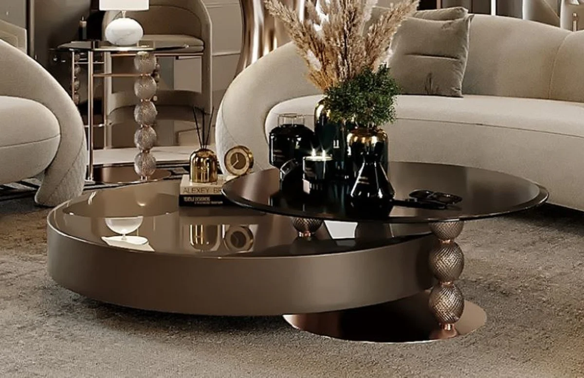 Casa Padrino mesa de centro de lujo gris / cobre / negro 151 x 120 x A. 35,3 cm - Mesa de sal¨®n con tapa de vidrio - Muebles de sal¨®n - Muebles de hotel - Muebles de lujo - Interiores de lujo