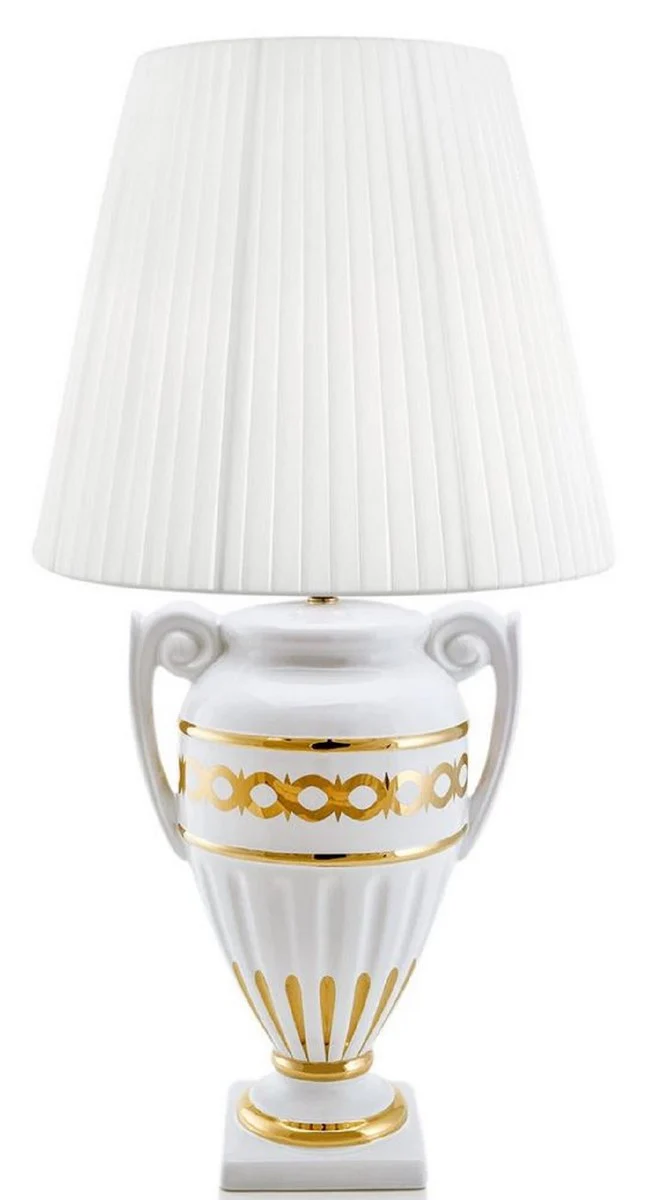 Casa Padrino lámpara de mesa barroco blanco / oro Ø 40 x H. 75 cm - Lámpara de Salón de Cerámica de Estilo Barroco