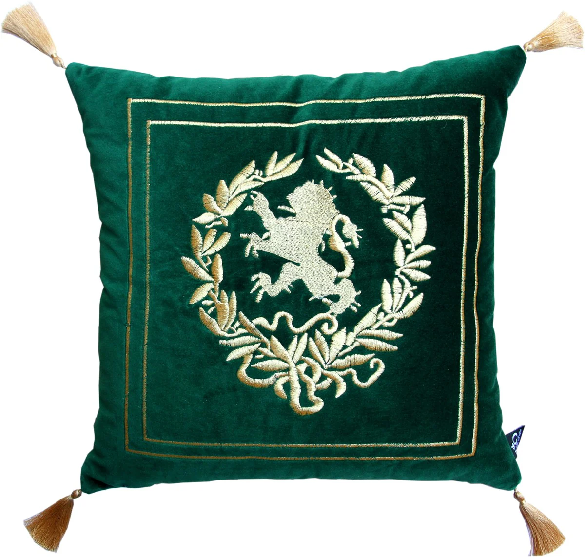 Coj¨ªn decorativo de lujo Casa Padrino Escudo de armas de color verde oscuro / dorado con borlas doradas de 45 x 45 cm. Tejido de terciopelo m¨¢s fino.