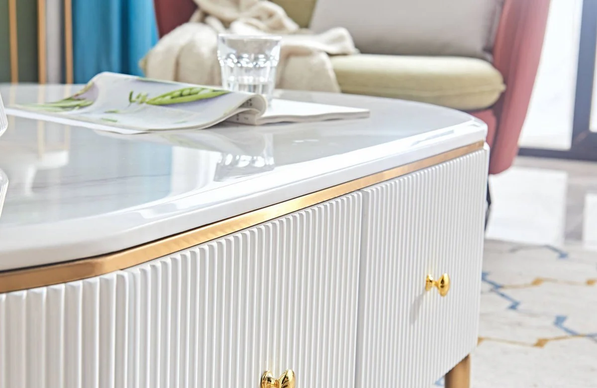 Casa Padrino mesa de centro de lujo blanco / lat¨®n / oro 130 x 70 x A. 42 cm - Mesa de sal¨®n moderna con 4 cajones - Muebles de sal¨®n modernos