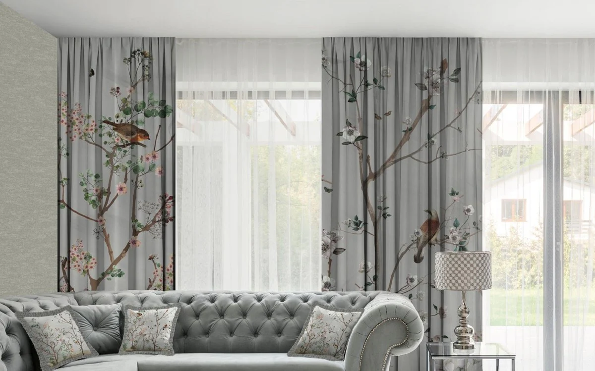 Casa Padrino conjunto de cortinas de lujo plantas y pájaros gris / multicolor 250 x A. 290 cm - Cortinas de lino y terciopelo estampadas - Cortinas de ojales - Cortinas correderas - Accesorios decorativos