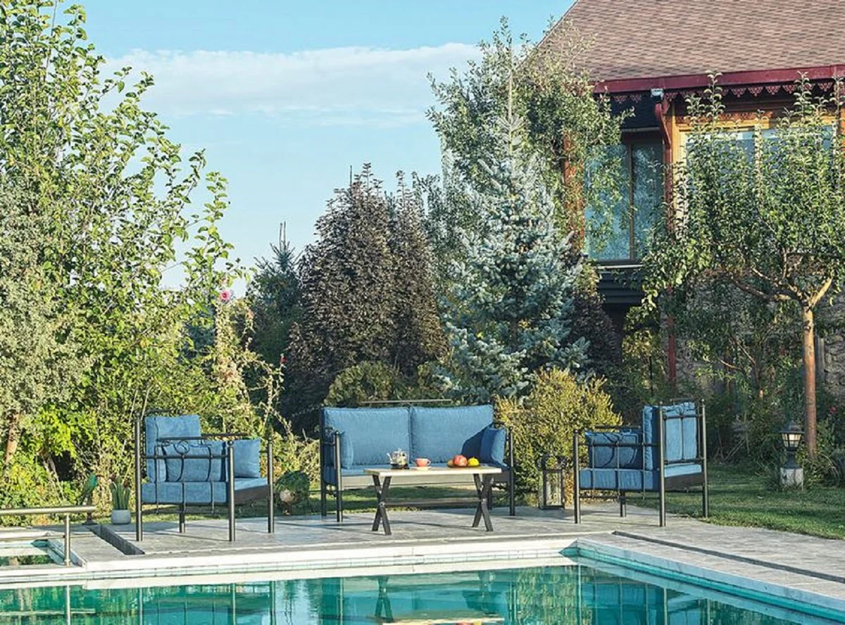 Casa Padrino Art Nouveau Conjunto de Muebles de Jardín Azul / Negro - 1 Sofá y 2 Sillones y 1 Mesa - Muebles de Jardín y Patio Art Nouveau