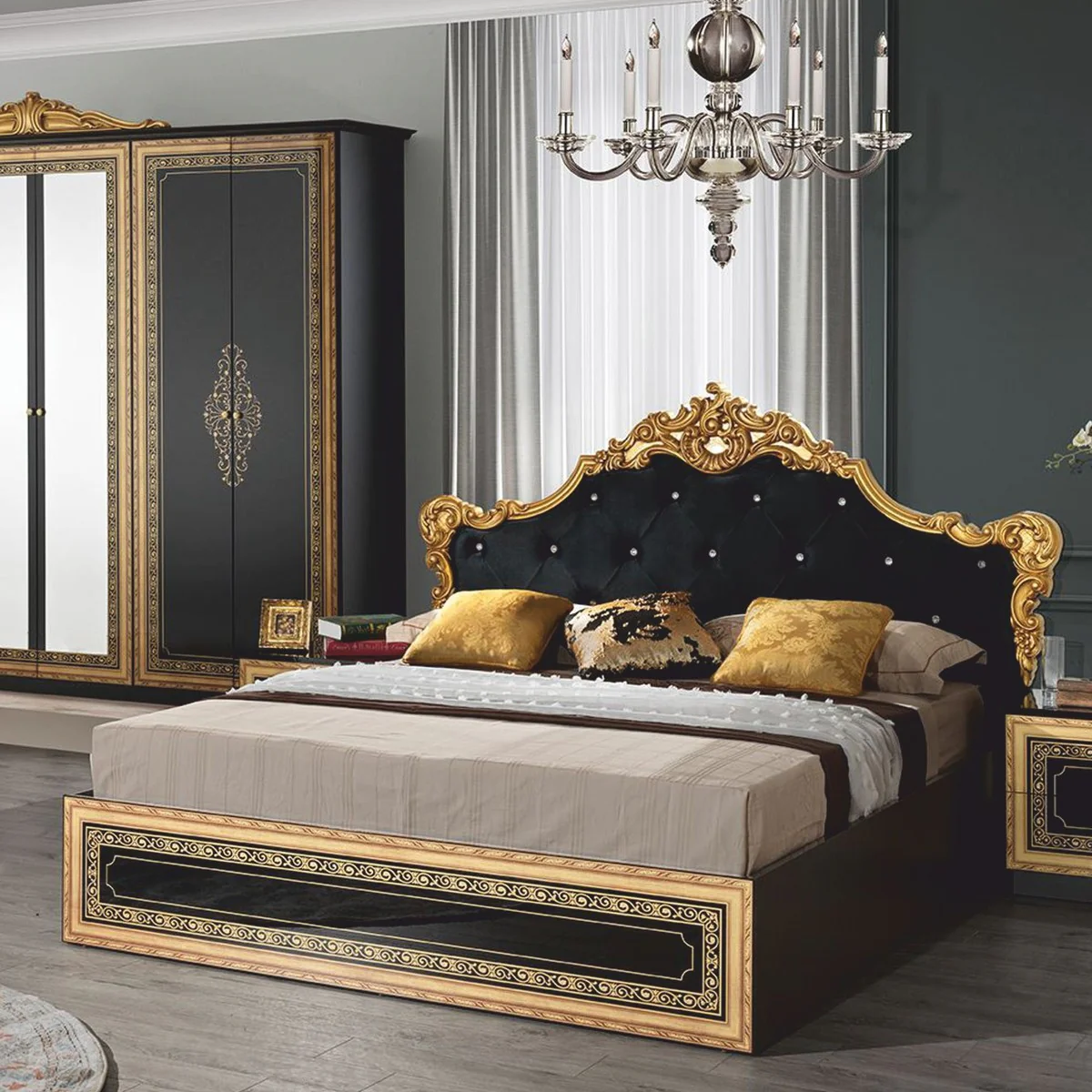 Casa Padrino cama doble barroco de lujo con pedrer¨ªa negro / oro - Muebles de dormitorio estilo barroco
