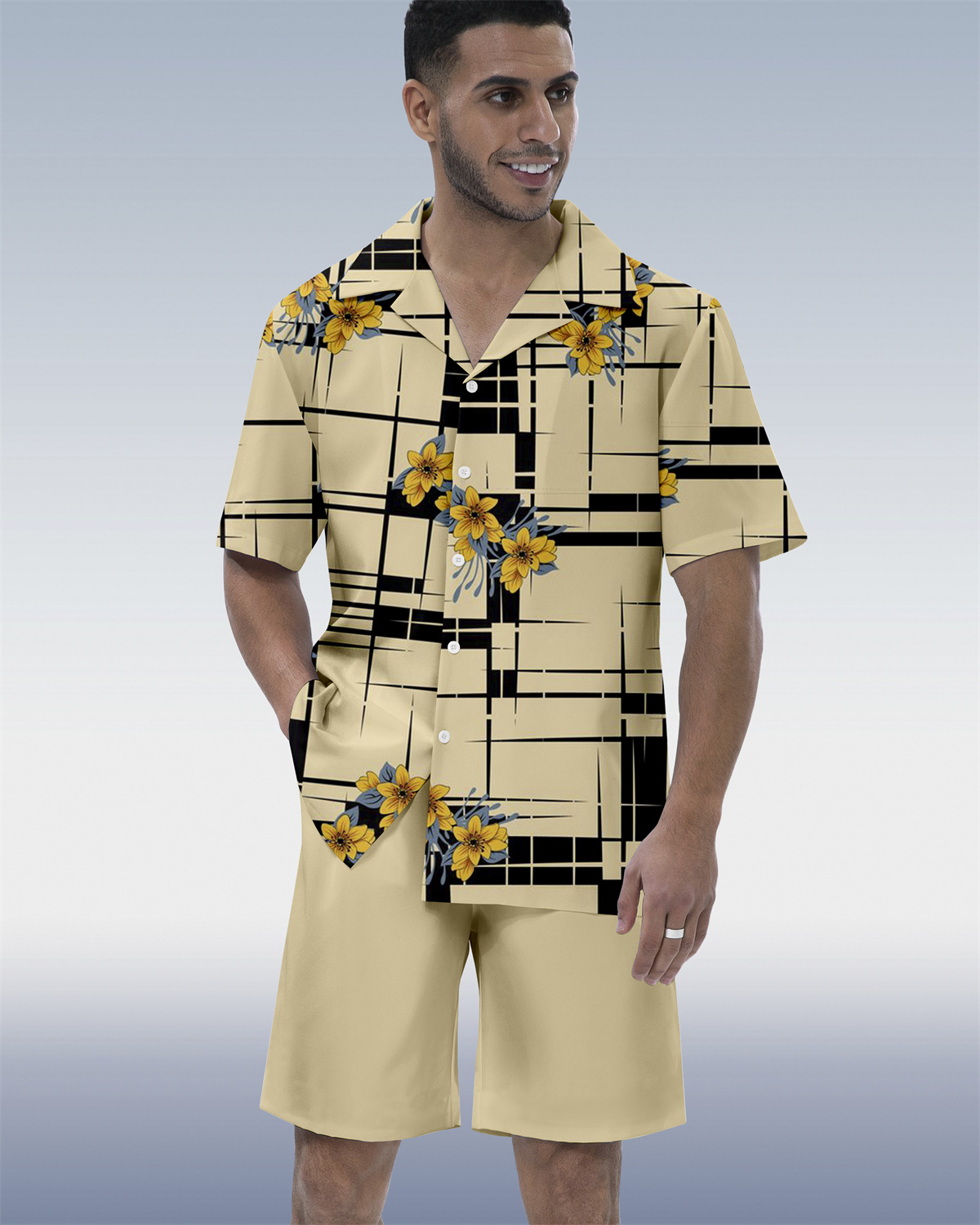 Men's Vacation Bowling Cuban Collar Short Sleeve Shirt Set 058