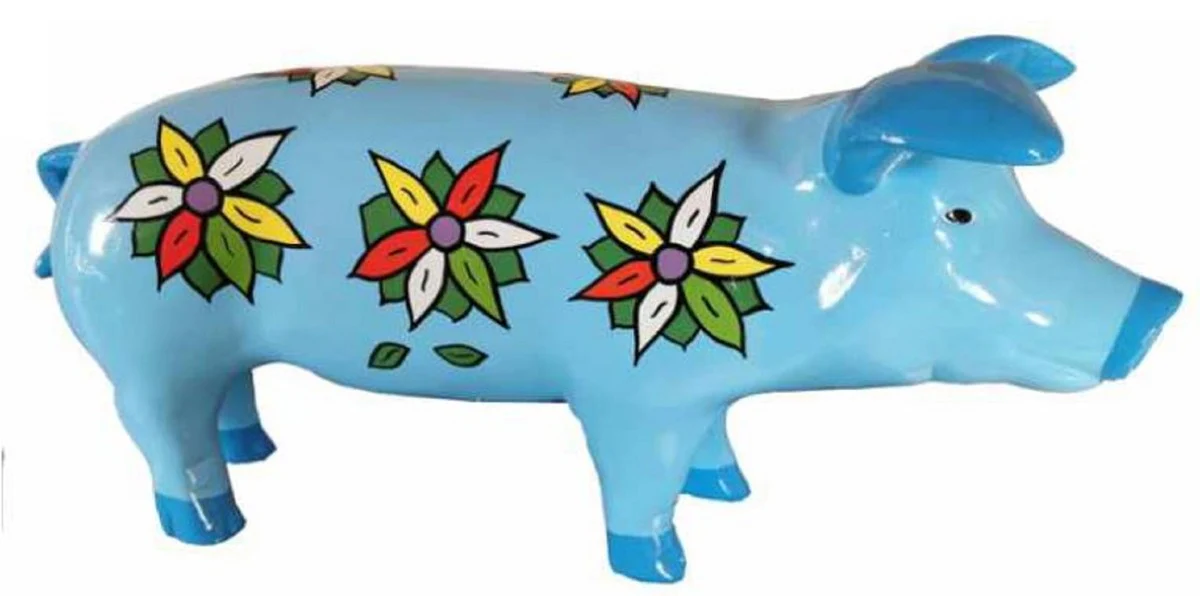 Casa Padrino figura decorativa de lujo cerdo con diseño de flores azul claro / multicolor 60 x A. 23 cm - Escultura decorativa resistente a la intemperie - Decoración de Sala de Estar