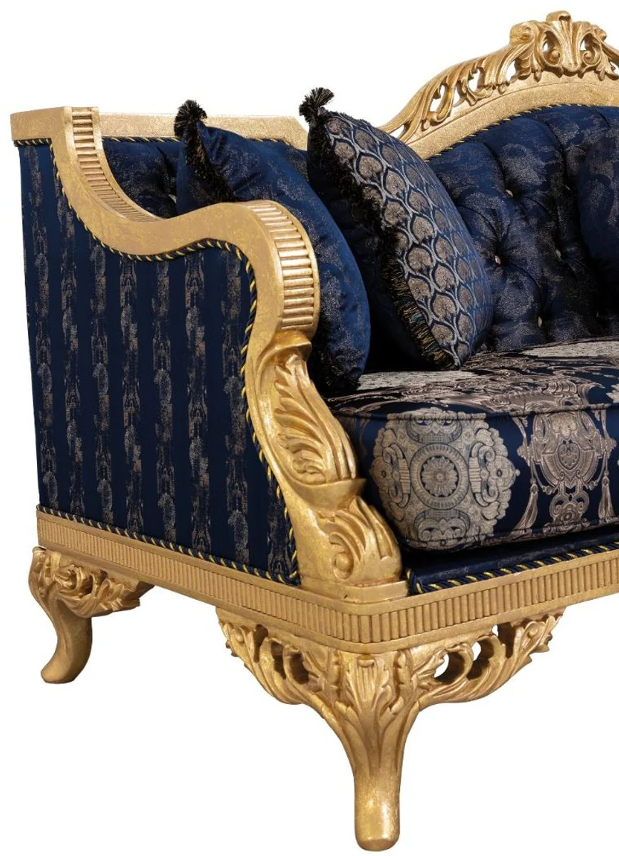 Casa Padrino sof¨¢ barroco de lujo con pedrer¨ªa y cojines decorativos azul oscuro / oro 228 x 93 x A. 108 cm - Muebles de Sal¨®n Barrocos