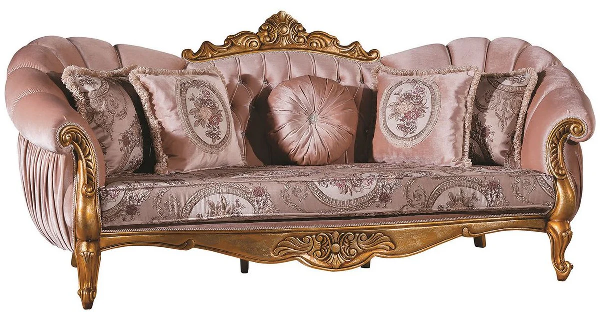 Casa Padrino sof¨¢ barroco de lujo rosa / oro 220 x 90 x A. 110 cm - Sof¨¢ de Sal¨®n Adornado con Pedrer¨ªa y Almohadas Decorativas