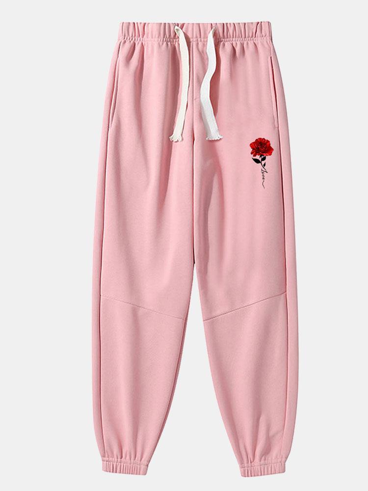 Rose Print Cotton Blend Jogger Pants