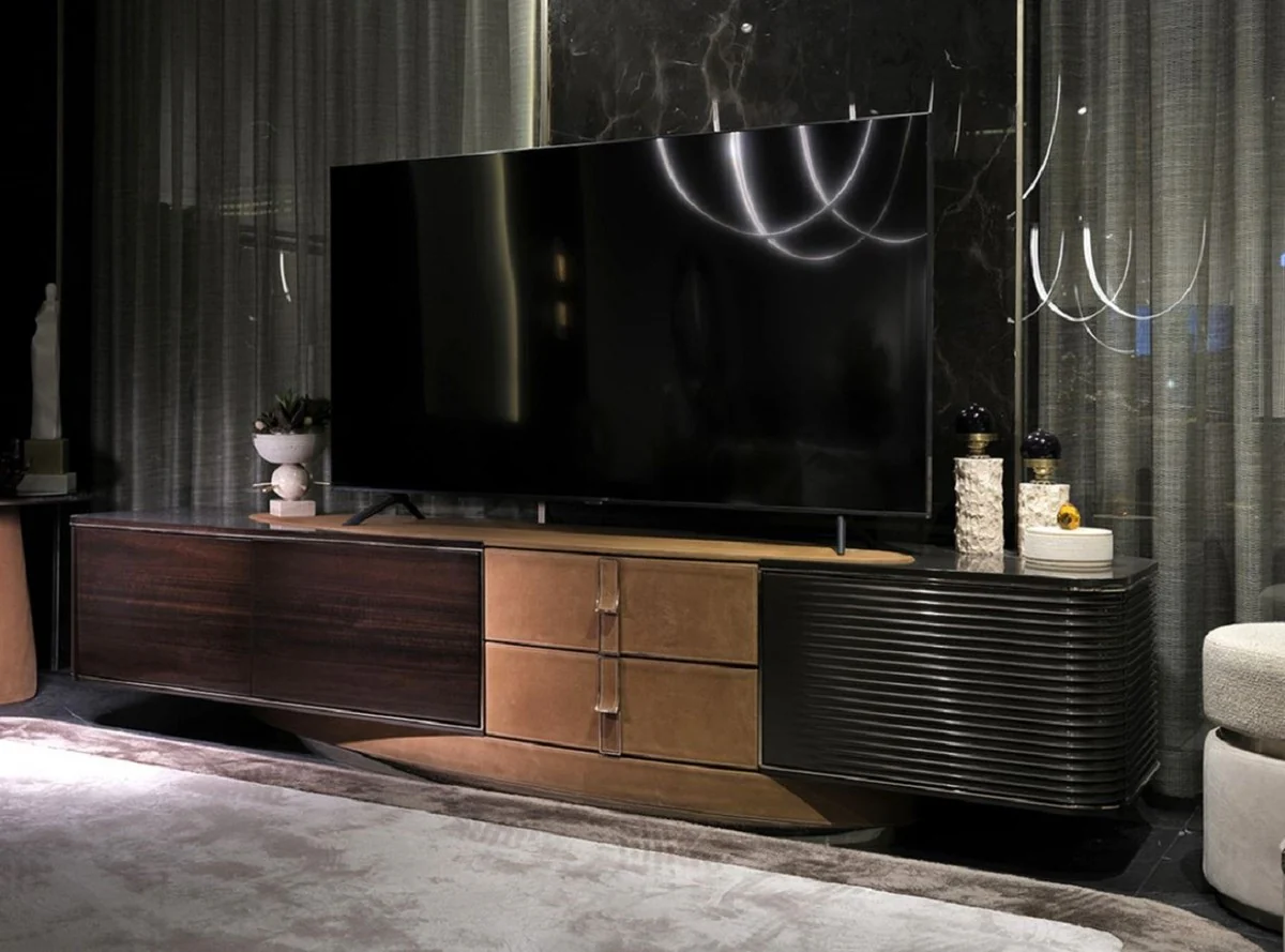 Casa Padrino gabinete de TV de lujo marr¨®n claro / marr¨®n oscuro / gris / oro 249 x 52,5 x A. 56 cm - Aparador de madera maciza con 3 puertas y 2 cajones - Muebles de sal¨®n - Muebles de lujo