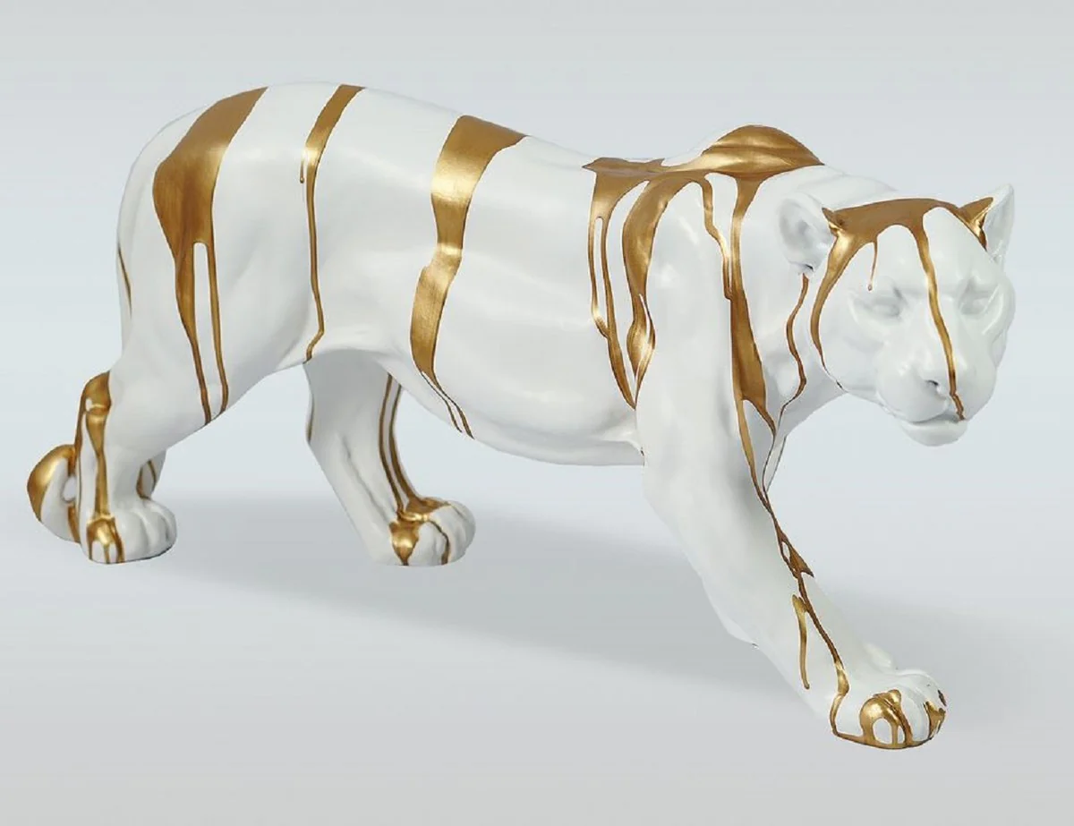 Casa Padrino escultura decorativa XXL de lujo pantera blanco / oro 160 x A. 72 cm - Figura decorativa grande - Decoraci¨®n de sal¨®n XXL - Decoraci¨®n de jard¨ªn XXL