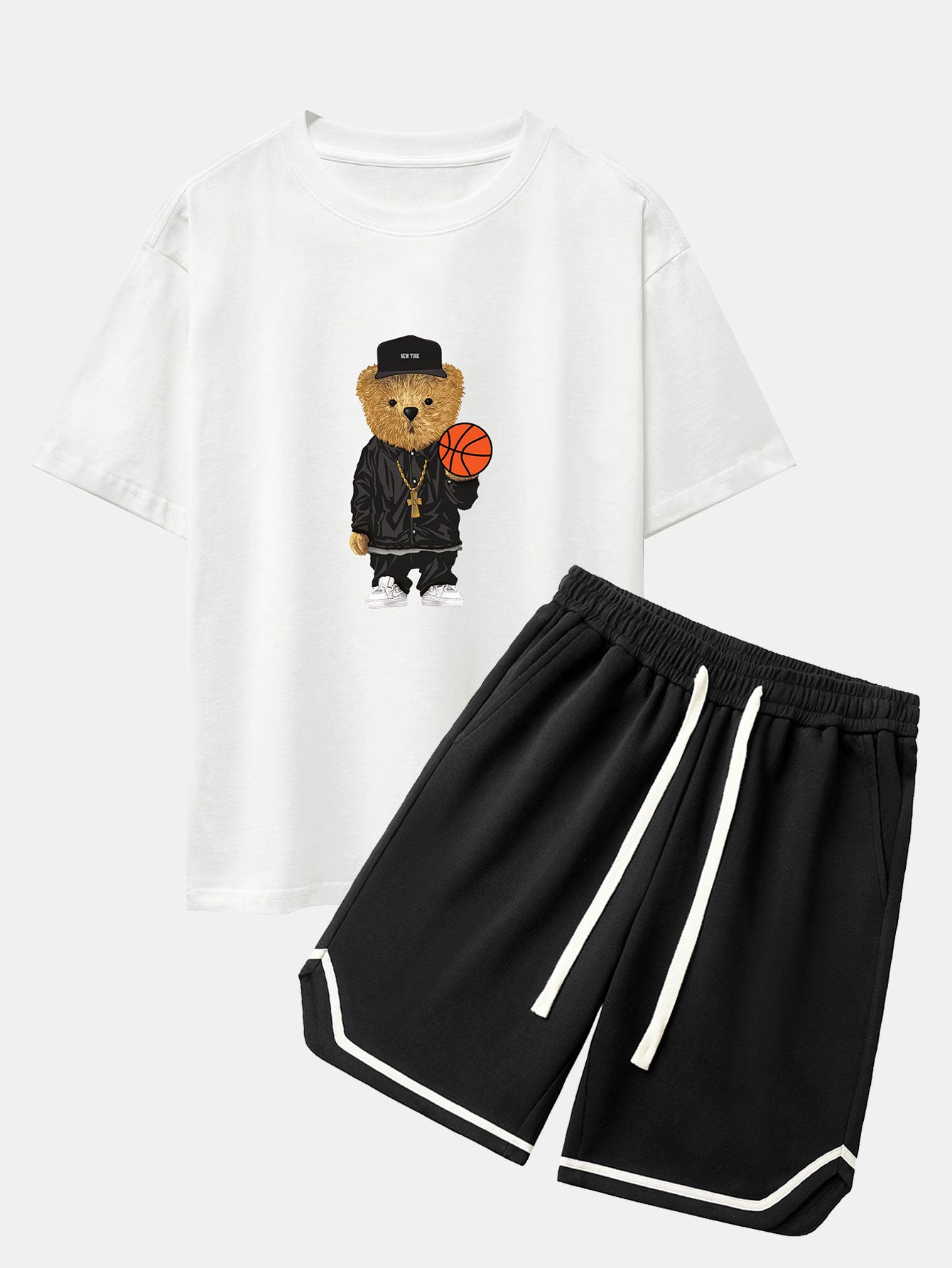 Basketball Bear Print Drop Shoulder Oversize T-Shirt & Jersey Basketball Shorts