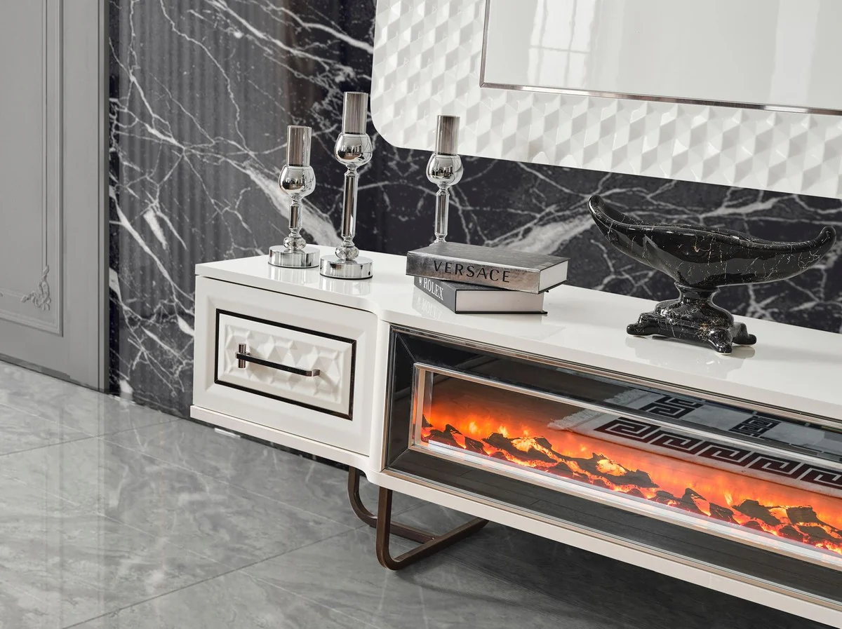 Casa Padrino conjunto de mueble de TV Art Deco de lujo blanco / bronce - Aparador de sala de estar con chimenea el¨¦ctrica LED y pared trasera de TV - Muebles Art Deco - Muebles de sala de lujo